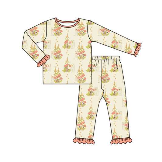 Preorder(moq 5) Baby Girls Long Sleeve Bears Flowers Top Ruffle Pants Pajamas Sets