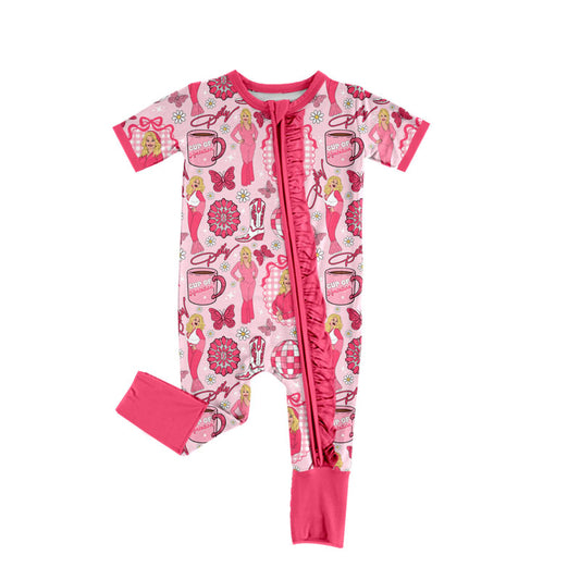 Preorder (moq 5) Baby Girl Clothes Pink Cowgirl Butterfly Disco Ball Mixed Print Short Sleeve Ruffle Zipper Baby Romper