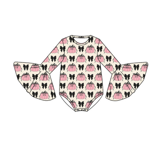Preorder (moq 5)Baby Girls Bell Sleeve Bows Pumpkins Plaid Fall Ruffle Rompers