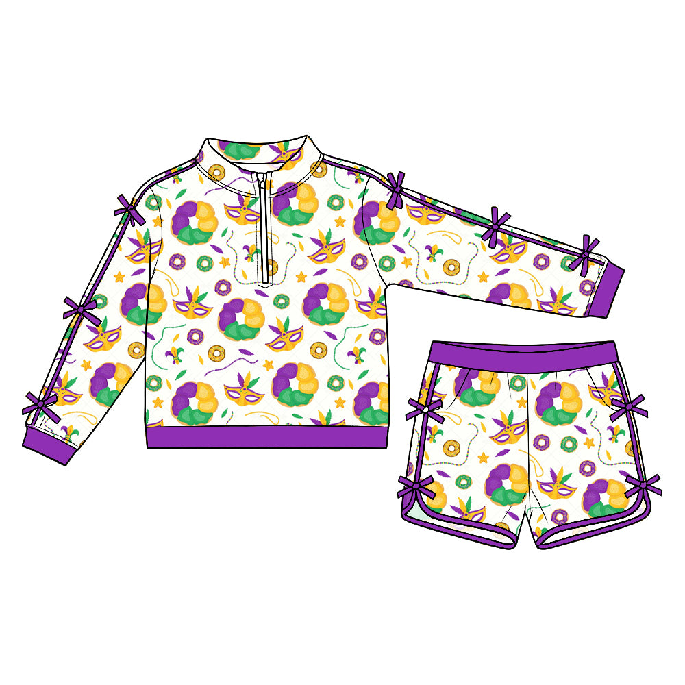 Preorder (moq5) Baby Girls Bows Masks Anchors Zip Pullover Pockets Short Mardigras Set