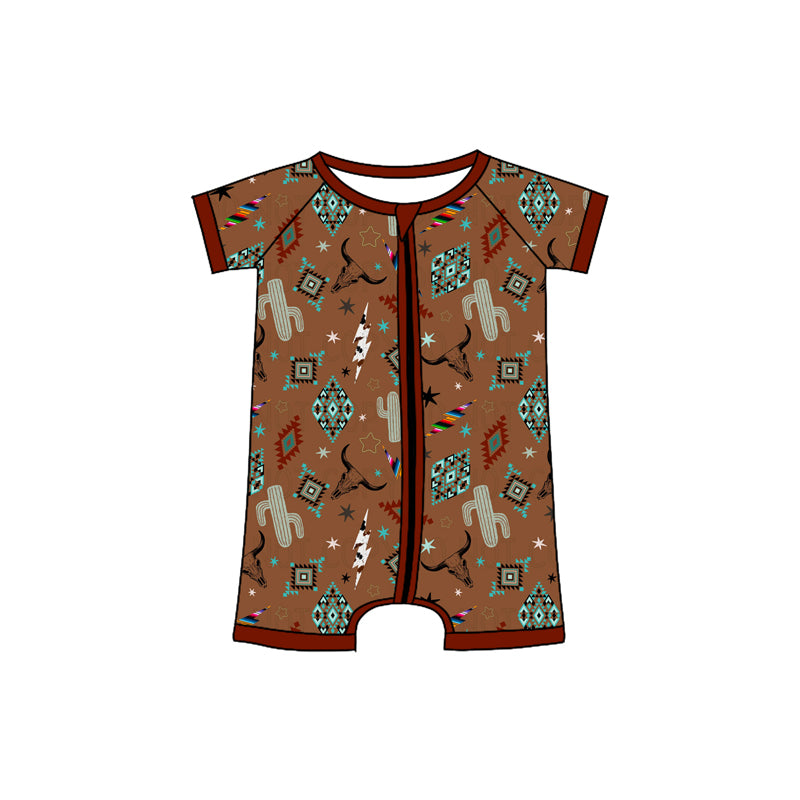 Preorder (moq 5)Baby Boys Dark Red Short Sleeves Cactus Bull Skull Aztec Zipper Rompers