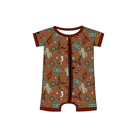 Preorder (moq 5)Baby Boys Dark Red Short Sleeves Cactus Bull Skull Aztec Zipper Rompers