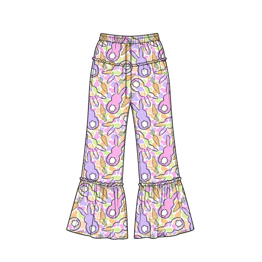Preorder (moq 5) Baby Girl Clothes Easter Bunny Carrot Sketch Print Ruffle Waist Ruffle Hem Flare Pants
