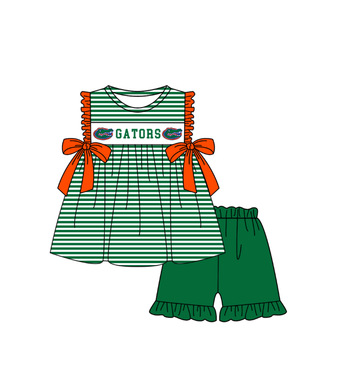 Preorder (moq 5)Baby Girls Green Sleeveless Gators Stripe Tunic Ruffle Shorts Team Clothes Sets