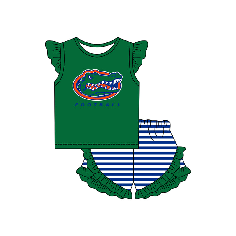 Preorder (moq 5)Baby Girls Crocodile Football Top Stripe Ruffle Shorts Team Clothes Set