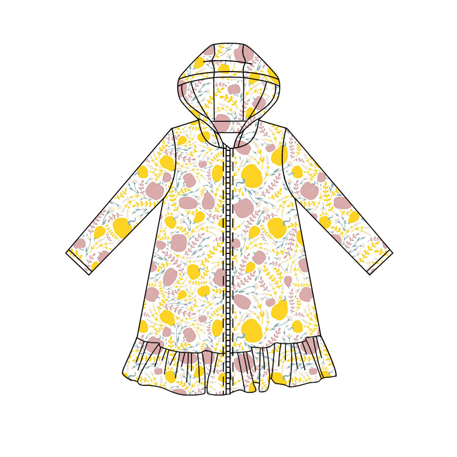 Preorder moq 5 Baby Girls Long Sleeve Flowers Pumpkins Fall Zip Ruffle Knee Length Dresses