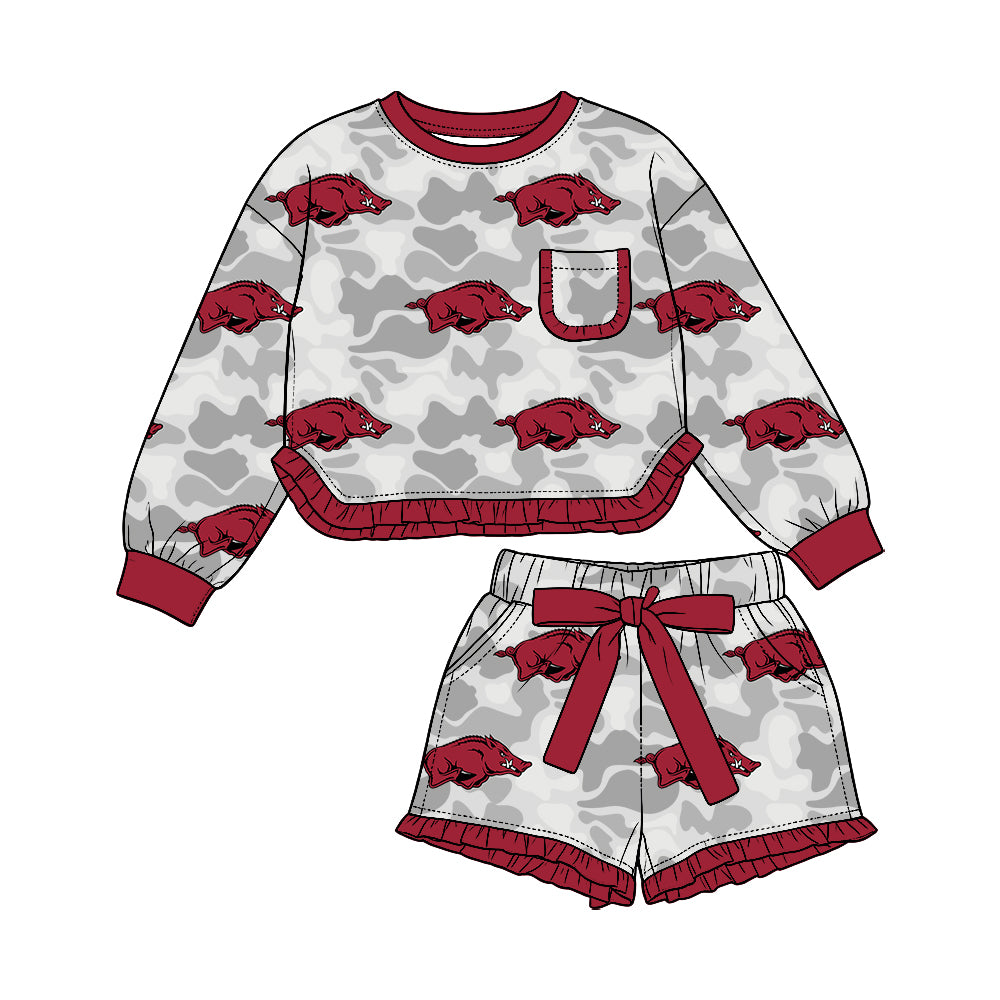 Preorder (moq 5) Baby Girl Clothes Camo Razorback Mascot Mixed Print Long Sleeve Ruffle Top Short Ruffle Pant Set