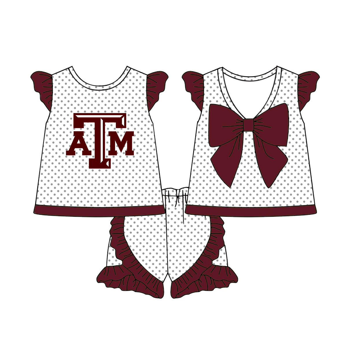 Preorder (moq 5)Baby Girls Flutter Sleeves Polka Dots ATM Top Ruffle Shorts Team Set