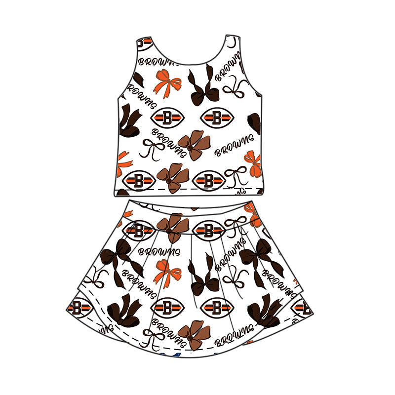 Preorder (moq 5)Baby Girls Sleeveless Bows Plaid Browns Top Skort Team Set
