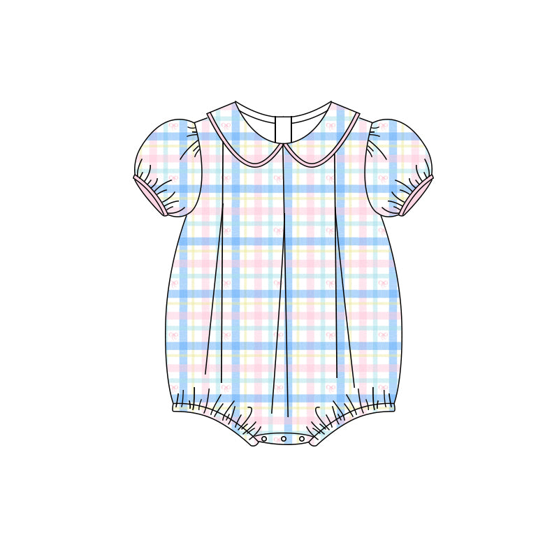 Preorder(moq 5)Baby Infant Girls Short Ruffle Sleeves Blue Pink Plaid Ruffle Rompers