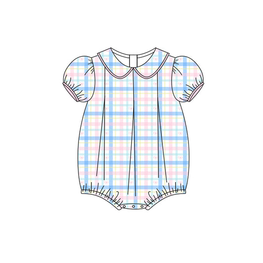 Preorder(moq 5)Baby Infant Girls Short Ruffle Sleeves Blue Pink Plaid Ruffle Rompers