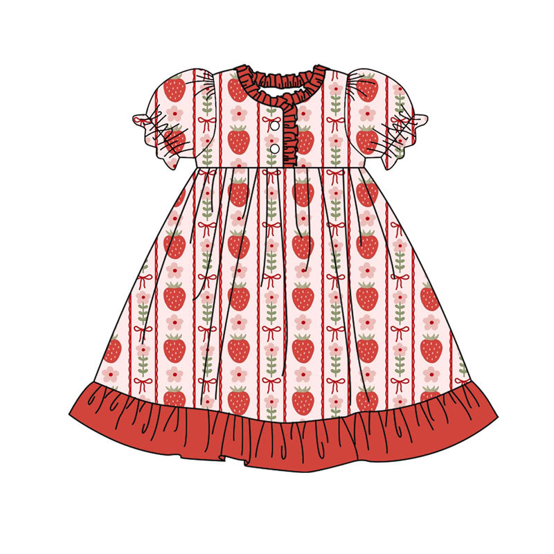 Preorder(moq 8)Baby Girls Strawberry Bows Flowers Stripe Button Ruffle Knee Length Dress