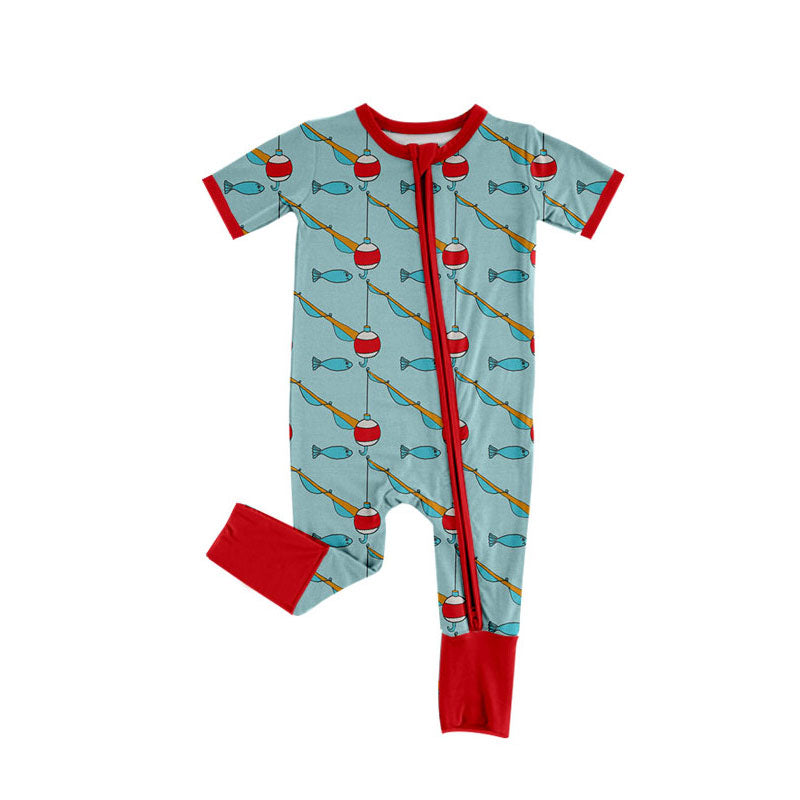 Preorder (moq 5)Baby Boys Fishes Plaid Hunting Zipper Footie Rompers