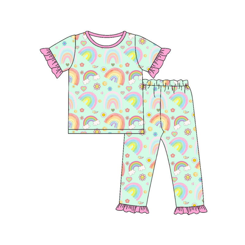 Preorder (moq 5)Baby Girls Rainbow Flower Hearts Top Ruffle Pants Valentines Pajamas Sets
