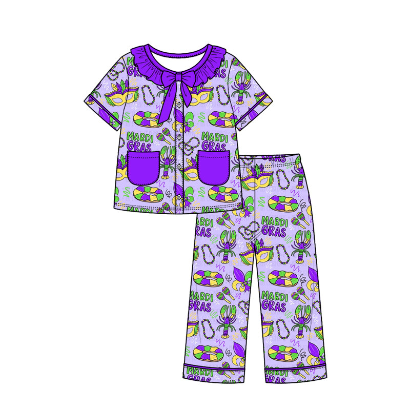 Preorder (moq 5) Baby Girl Clothes Mardi Gras Crawfish Mask Bead Mixed Print Short Sleeve Ruffle Bow Long Pant Pajama Set