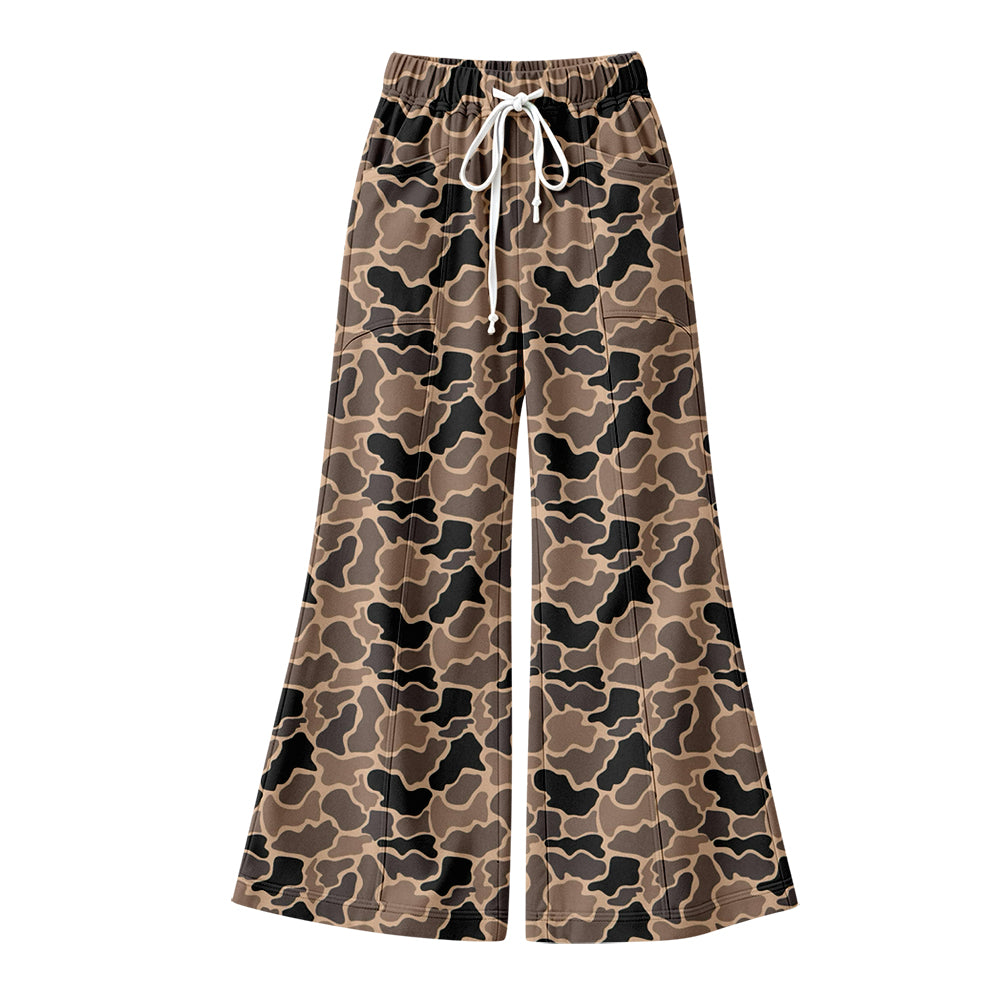 Preorder (moq 5) Baby Girl Clothes Coffee Brown Duck Camo Print No Sleeve Flare Bell Bottom Pant