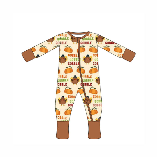 Preorder moq 10 Baby Kids Brown Long Sleeves Turkey Pumpkins Zipper Pant Rompers