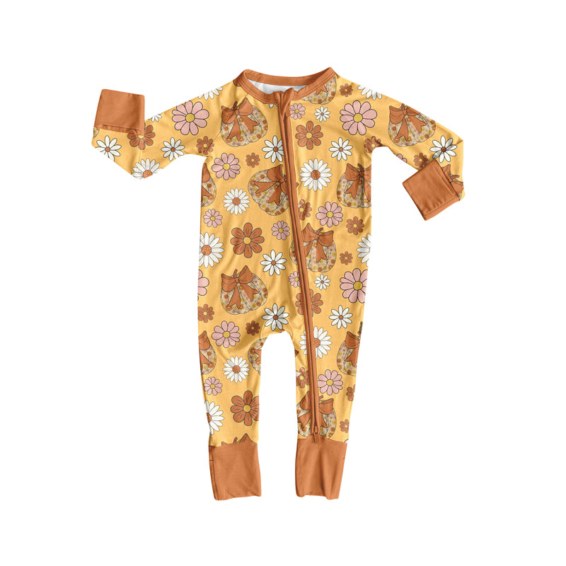 Preorder (moq 5)Baby Girls Long Sleeves Khaki Bows Pumpkins Daisy Plaid Zipper Romper