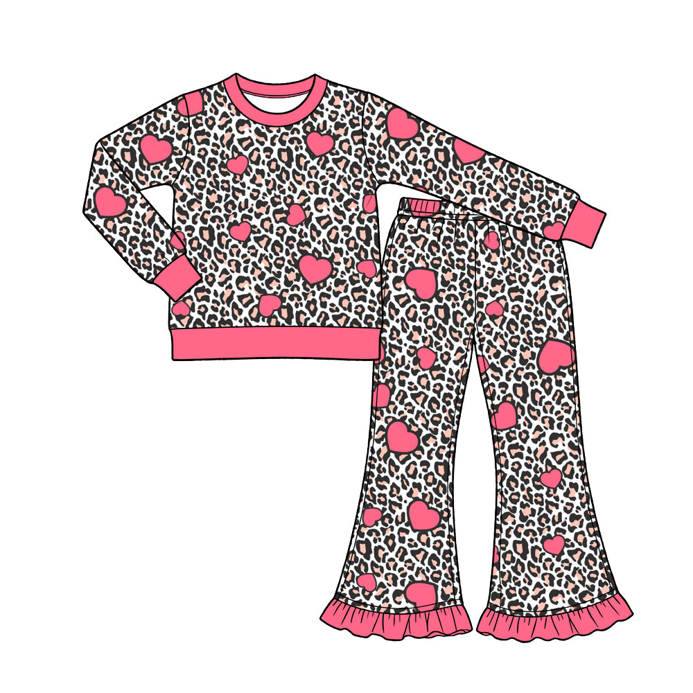 Preorder (moq 5) Baby Girl Clothes Classic Leopard Pink Heart Print Long Sleeve Flare Pant Set