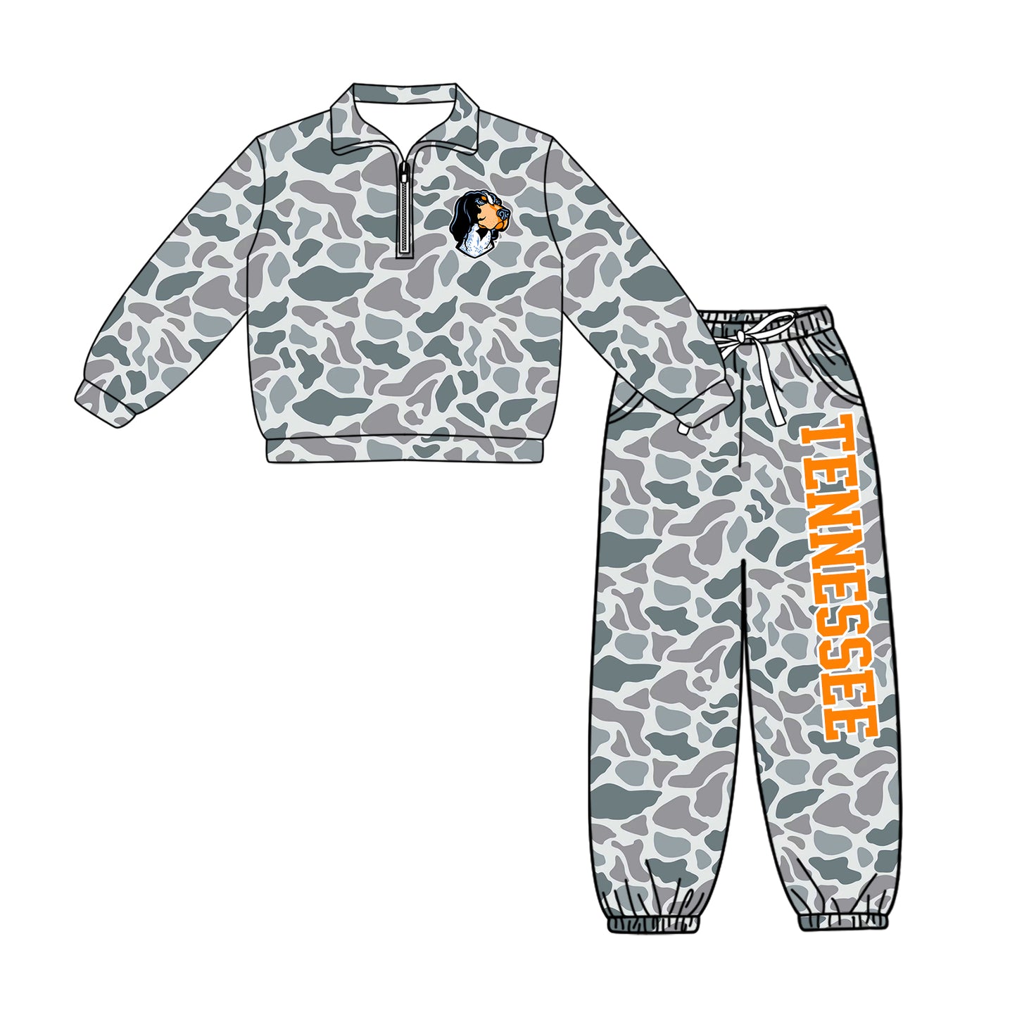 Preorder(moq 5)Baby Boys Grey Camo Tennessee Zip Pullover Pockets Joggers Team Clothes Sets