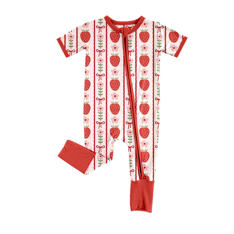 Preorder (moq 8)Baby Girls Strawberry Bows Flowers Stripe Zipper Footie Rompers