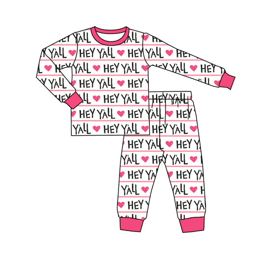 Preorder(moq 5) Baby Girls Hearts Hey Y'all Stripe Top Pants Valentine Pajamas Sets
