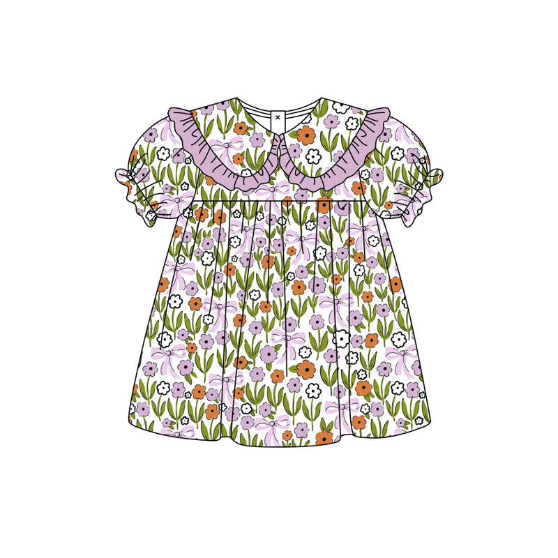 Preorder moq 5 Baby Girls Colorful Flowers Bows Collar Knee Length Dresses