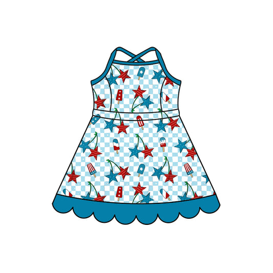 Preorder (moq 5)Baby Girls Strap Stars Popsicle 4th of July Scallop Knee Length Dresses