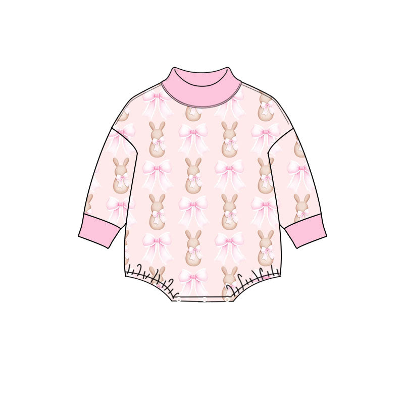 Preorder (moq 5) Baby Girl Clothes Soft Pink Bunny Bow Allover Print Long Sleeve Mock Neck Baby Bodysuit