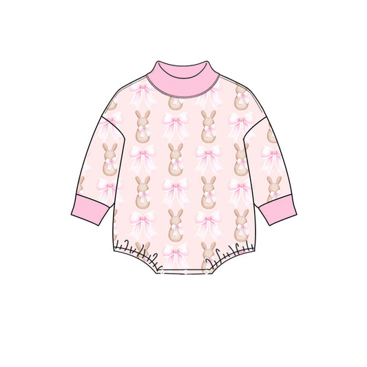 Preorder (moq 5) Baby Girl Clothes Soft Pink Bunny Bow Allover Print Long Sleeve Mock Neck Baby Bodysuit
