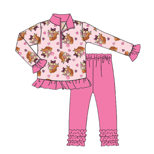 Preorder(moq 8)Baby Girls Hearts Highland Cows Zipper Pullover Ruffle Leggings Valentine Clothes Sets