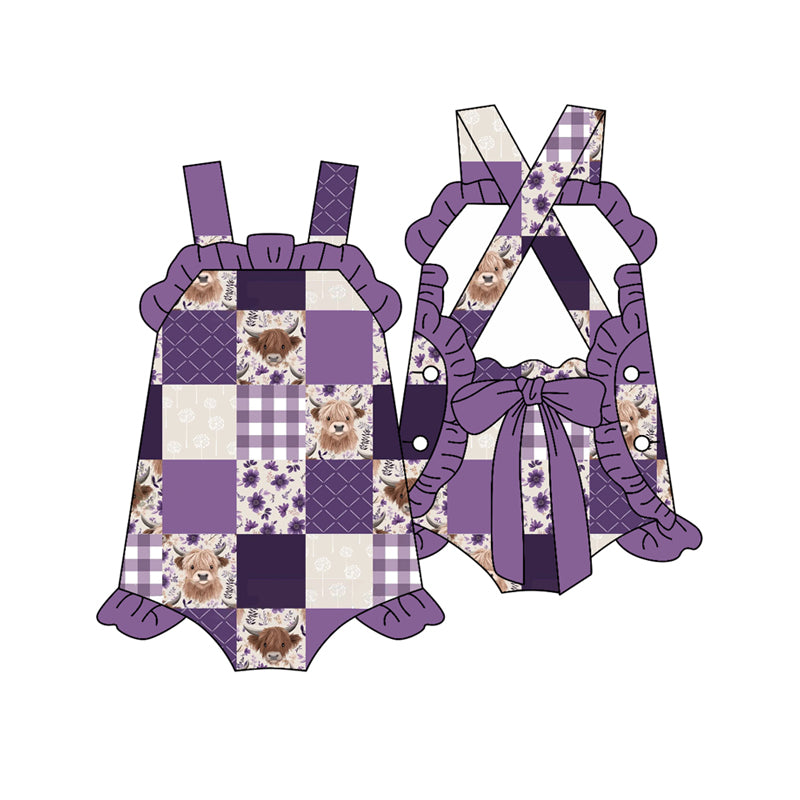 Preorder(moq 5)Baby Infant Girls Western Purple Flowers Cows Summer Bows Straps Rompers