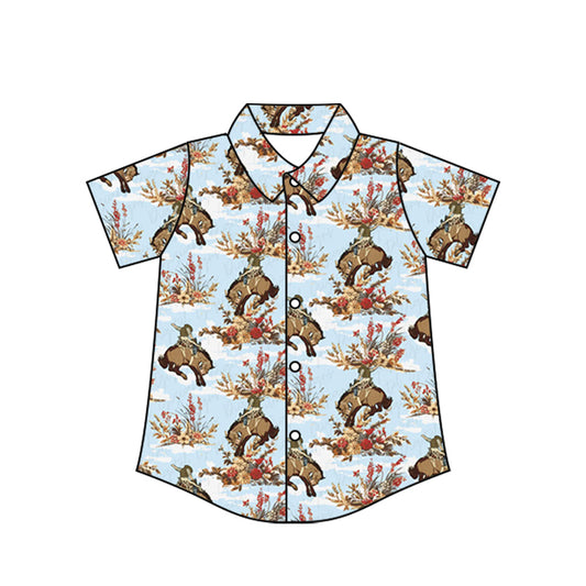 Preorder moq 10 Baby Boys Short Sleeves Western Horse Rodeos Button Shirts Top