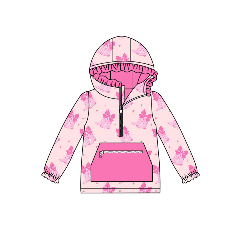Preorder (moq 5)Baby Girls Pink Bows Boots Pockets Zipper Valentine Ruffle Hoodies Top