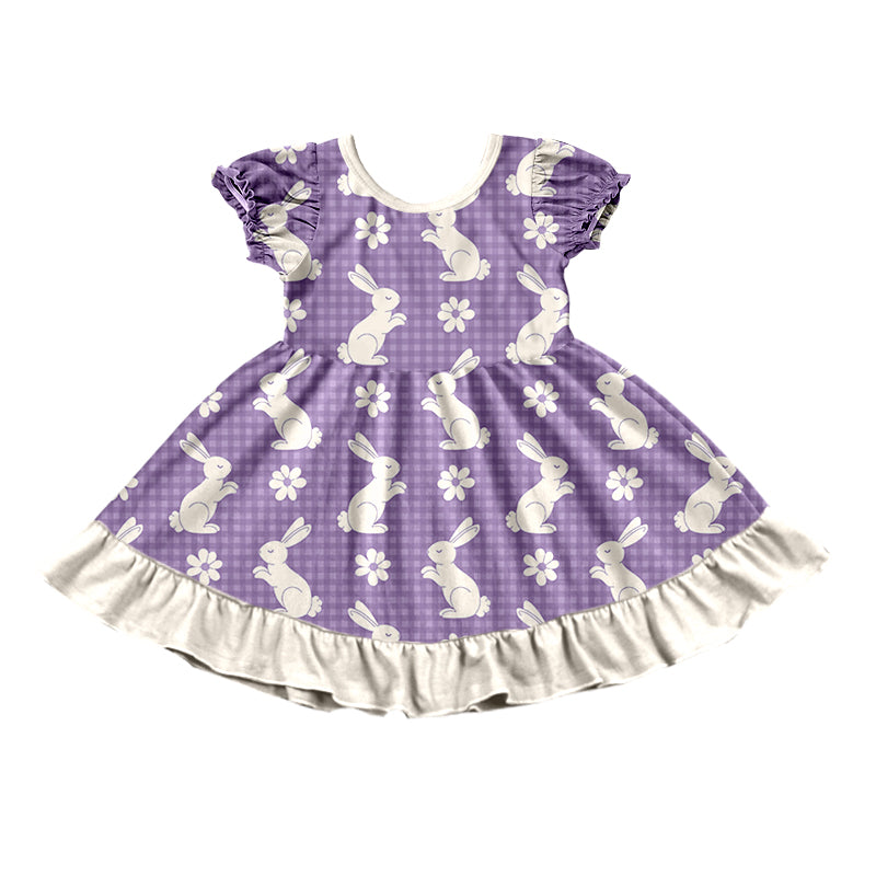 Preorder moq5  Baby Girls’ Purple Bunny & White Floral Short-Sleeve Round-Neck Ruffle Dress, Matching Sister Outfit