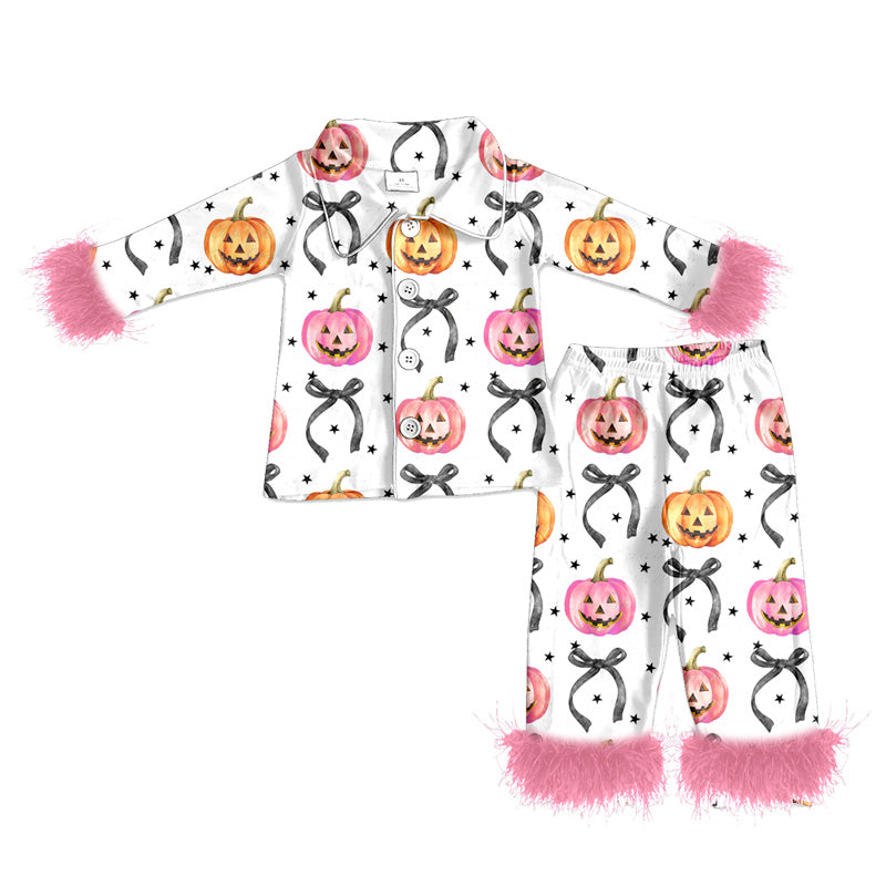 preorder(MOQ 5)Baby Girls Halloween Pumpkins Bows Fur Top Pants Pajamas