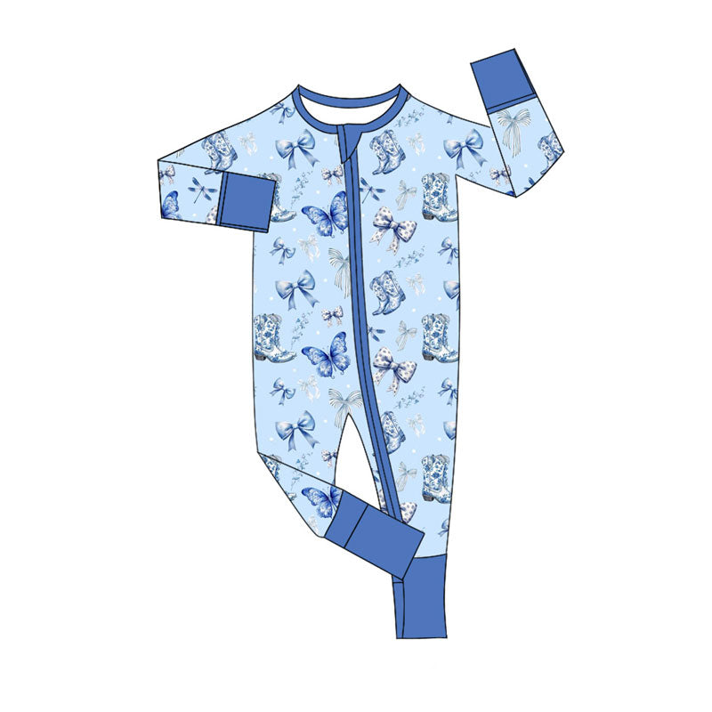 Preorder (moq 5)Baby Boys Blue Boots Butterfly Zipper Footie Rompers