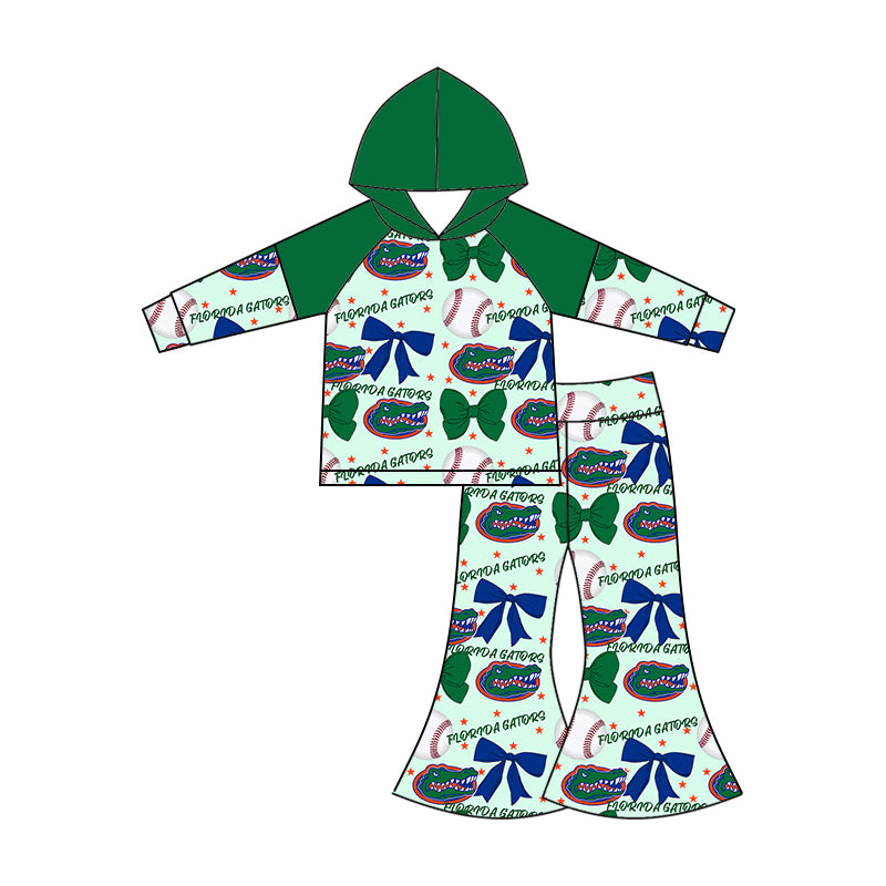 Preorder (moq 5)Baby Girls Long Sleeves Baseballs Bows Crocodiles Hoodie Top Bell Bottom Pant Team Set