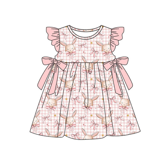 Preorder(moq 5) Baby Girls Pink Flutter Sleeve Bows Rabbits Checked Easter Knee Length Dresses