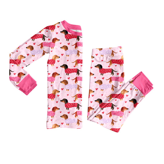 Preorder (moq 5)Baby Girls Pink Hearts Dogs Top Pants Valentine Pajamas Sets