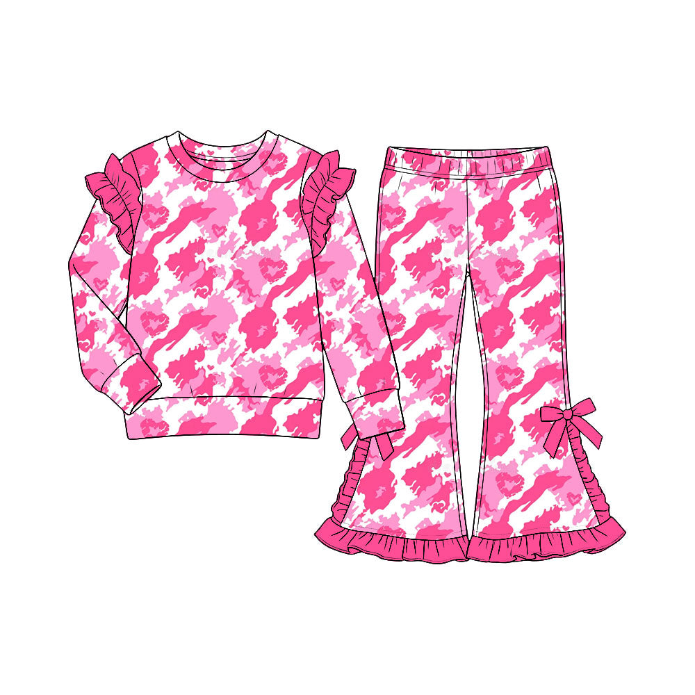 Preorder (moq5) Baby Girls Pink Camo Hearts Shirt Top Bell Bottom Pant Valentines Clothes Set