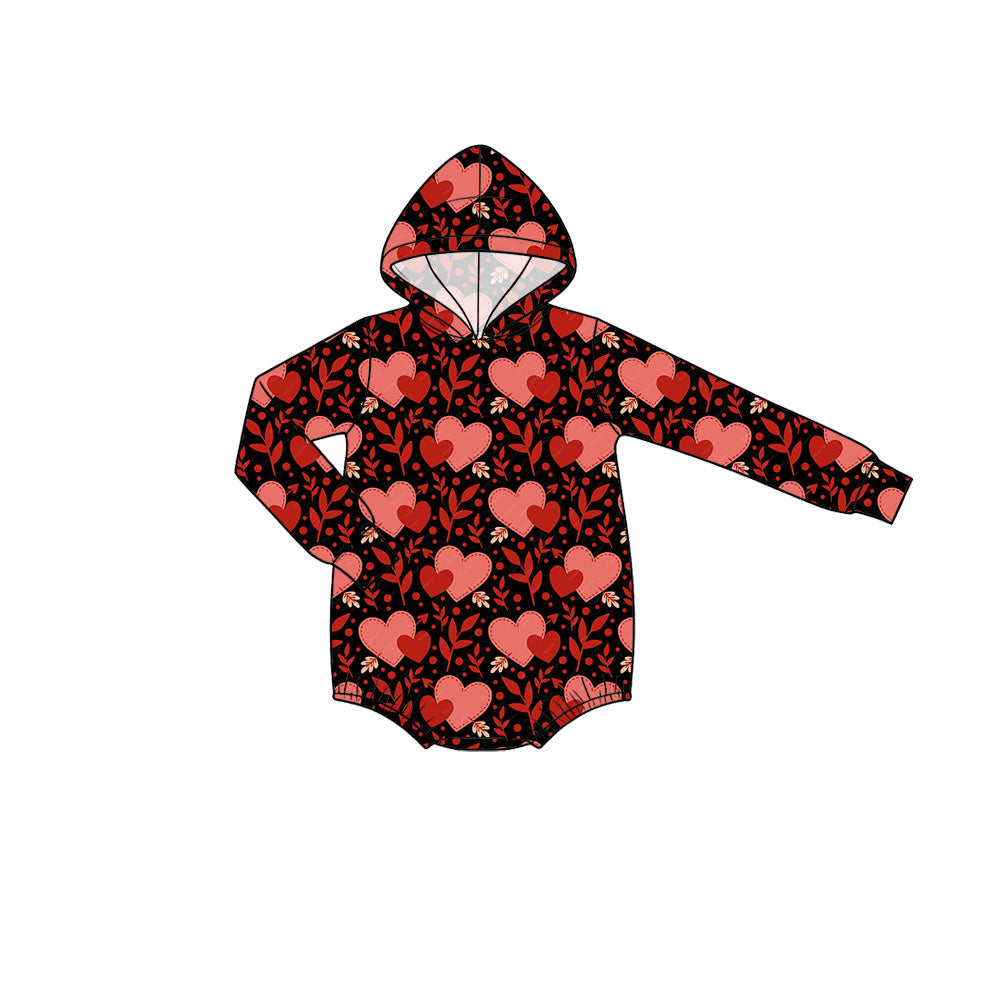 Preorder moq 5 Baby Girls’ Fall Valentine’s Day Black & Red Heart Long-Sleeve Hooded Romper