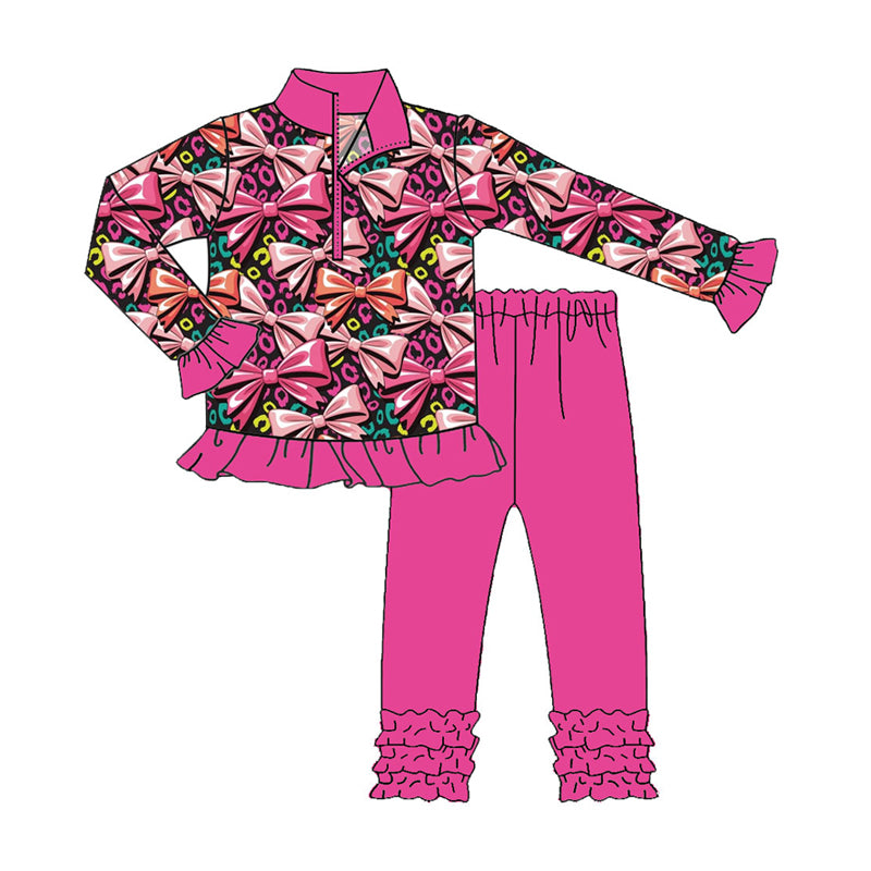 Preorder (moq 5)Baby Girls Colorful Leopard Bows Zipper Pullover Ruffle Leggings Clothes Sets