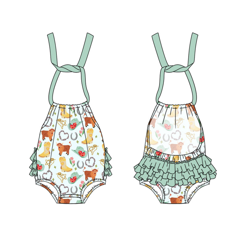 Preorder(moq 5)Baby Infant Girls Aqua Strap Highland Cows Hats Bubble Ruffle Rompers