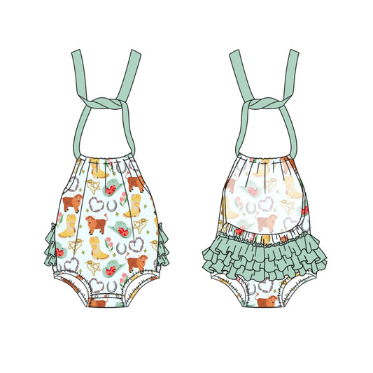 Preorder(moq 5)Baby Infant Girls Aqua Strap Highland Cows Hats Bubble Ruffle Rompers