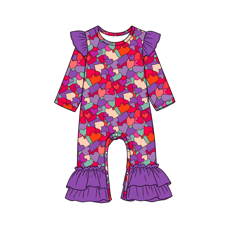 Preorder (moq 5) Baby Girls Colorful Hearts Valentines Ruffle Pant Rompers