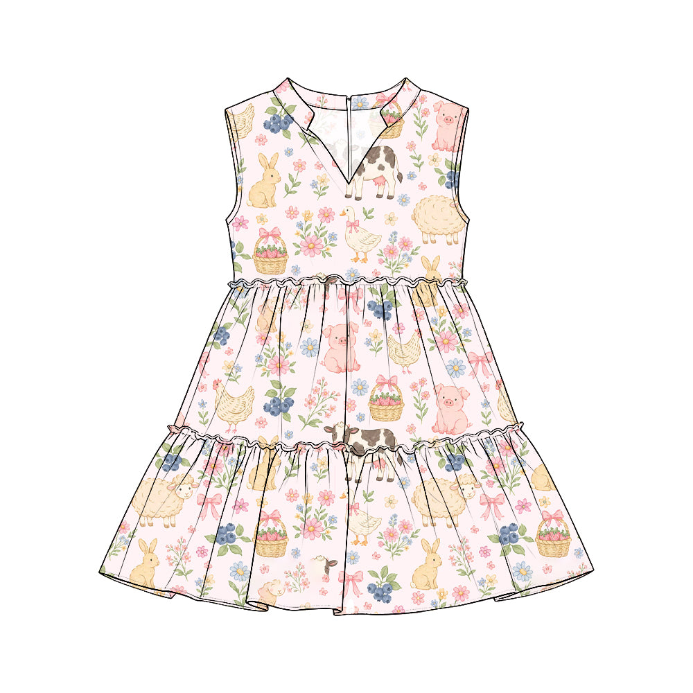 Preorder (moq 5) Girls Collared Sleeveless Tiered Dresses, Pink Farm Tractor, Rooster, Sheep & House Print, Fall Harvest Thanksgiving Outfit