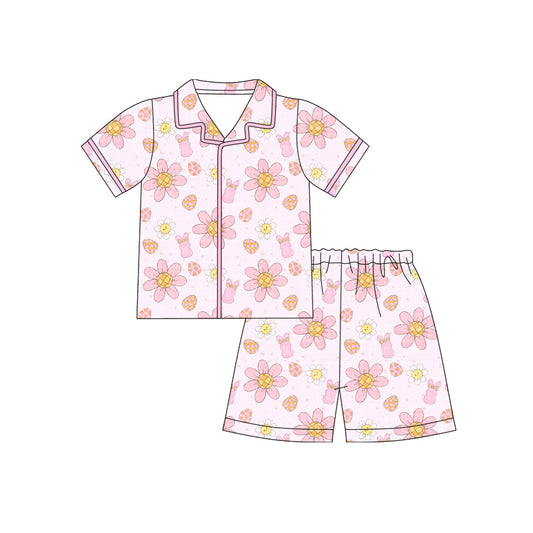 Preorder (moq 5)Baby Girls Egg Flowers Rabbits Button Top Shorts Easter Pajamas Sets
