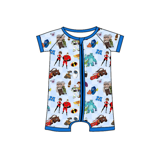 Preorder(moq 5)Baby Infant Boys Blue Short Sleeves Plaid Cartoon Dolls Zipper Rompers