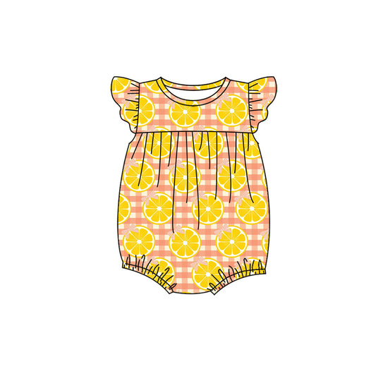Preorder (moq 5)Baby Girls Flutter Sleeve Lemons Checked Ruffle Rompers